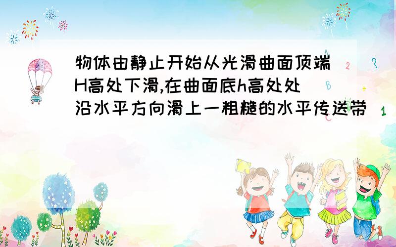 物体由静止开始从光滑曲面顶端H高处下滑,在曲面底h高处处沿水平方向滑上一粗糙的水平传送带