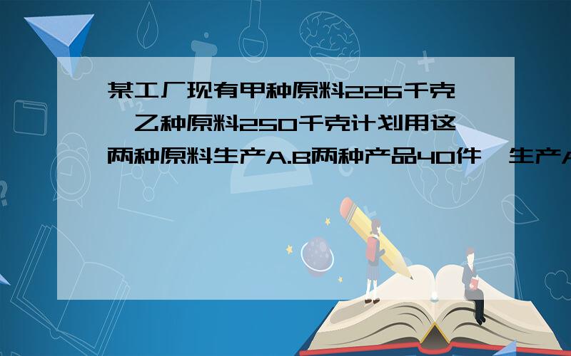 某工厂现有甲种原料226千克,乙种原料250千克计划用这两种原料生产A.B两种产品40件,生产A.B两种产品的用料