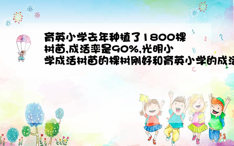 育英小学去年种植了1800棵树苗,成活率是90%,光明小学成活树苗的棵树刚好和育英小学的成活棵树相等,但成活率只有80%