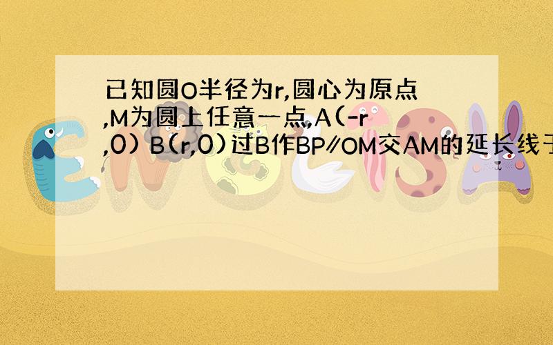 已知圆O半径为r,圆心为原点,M为圆上任意一点,A(-r,0) B(r,0)过B作BP∥OM交AM的延长线于点P 求P点