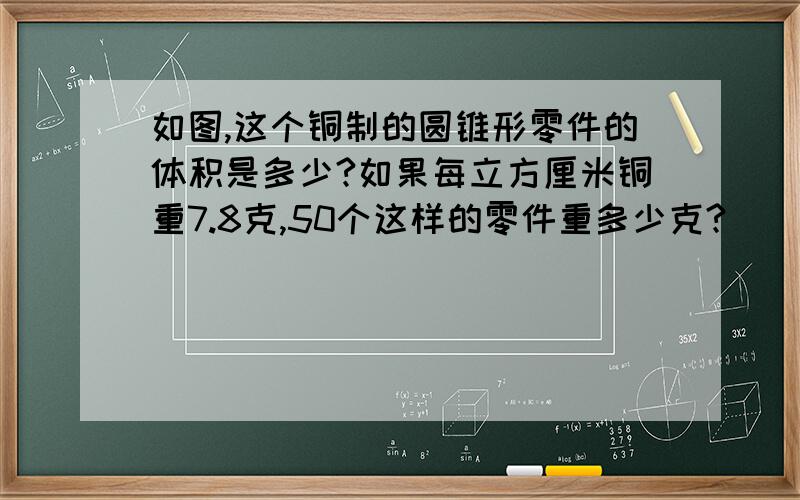 如图,这个铜制的圆锥形零件的体积是多少?如果每立方厘米铜重7.8克,50个这样的零件重多少克?