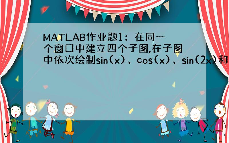 MATLAB作业题1：在同一个窗口中建立四个子图,在子图中依次绘制sin(x)、cos(x)、sin(2x)和cos(2