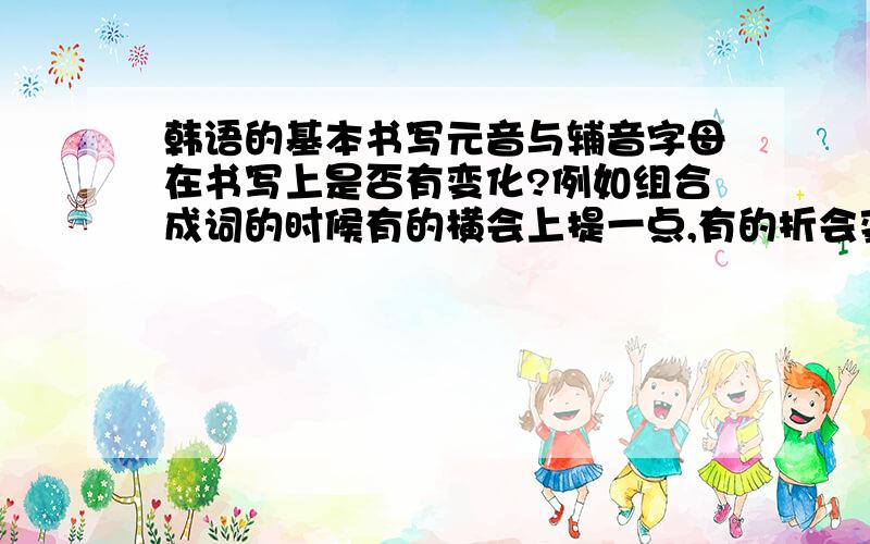 韩语的基本书写元音与辅音字母在书写上是否有变化?例如组合成词的时候有的横会上提一点,有的折会变成撇.我是自学的很多不太懂