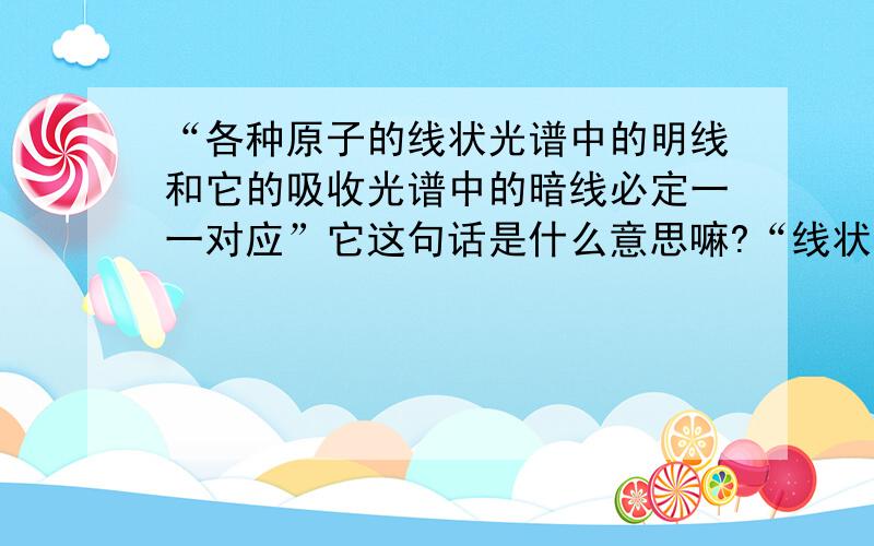 “各种原子的线状光谱中的明线和它的吸收光谱中的暗线必定一一对应”它这句话是什么意思嘛?“线状光谱”和“吸收光谱”指的是什