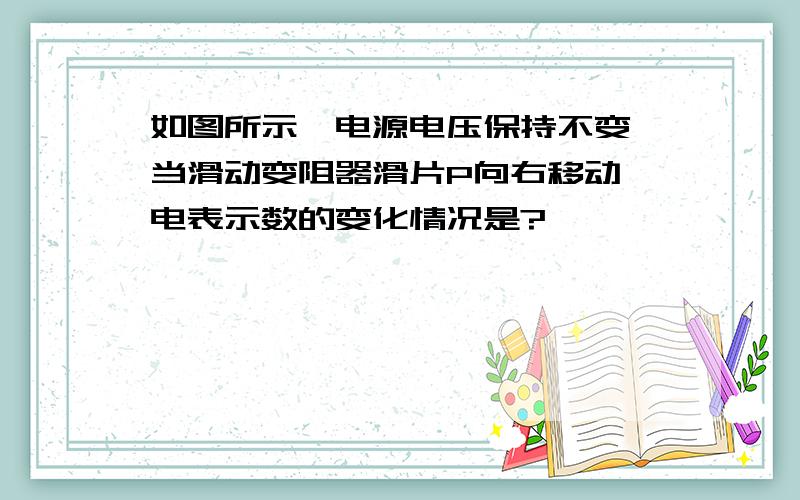 如图所示,电源电压保持不变,当滑动变阻器滑片P向右移动,电表示数的变化情况是?