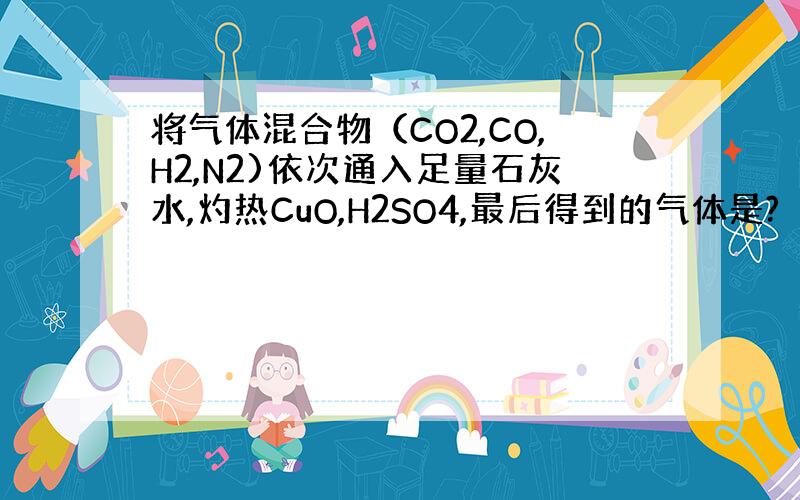 将气体混合物（CO2,CO,H2,N2)依次通入足量石灰水,灼热CuO,H2SO4,最后得到的气体是?