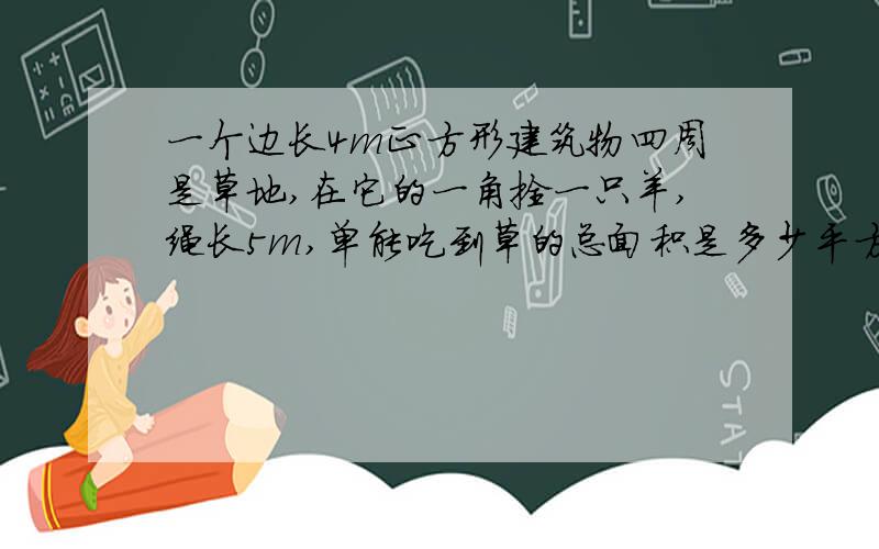 一个边长4m正方形建筑物四周是草地,在它的一角拴一只羊,绳长5m,单能吃到草的总面积是多少平方米