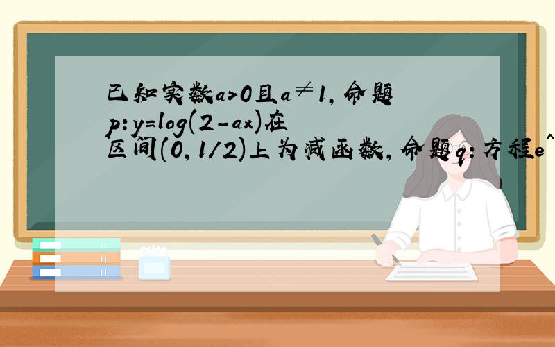 已知实数a>0且a≠1,命题p:y=log(2-ax)在区间(0,1/2)上为减函数,命题q:方程e^x-x+a