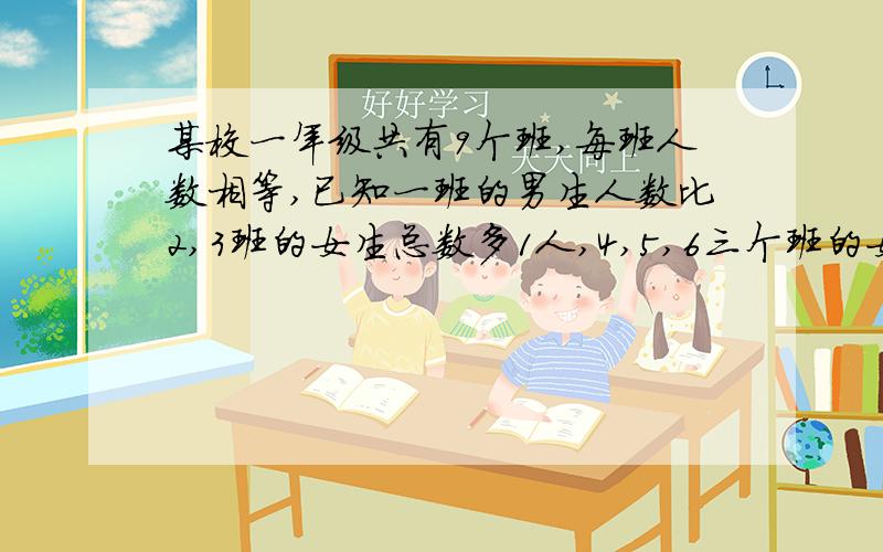 某校一年级共有9个班,每班人数相等,已知一班的男生人数比2,3班的女生总数多1人,4,5,6三个班的女生总人数比7,8,