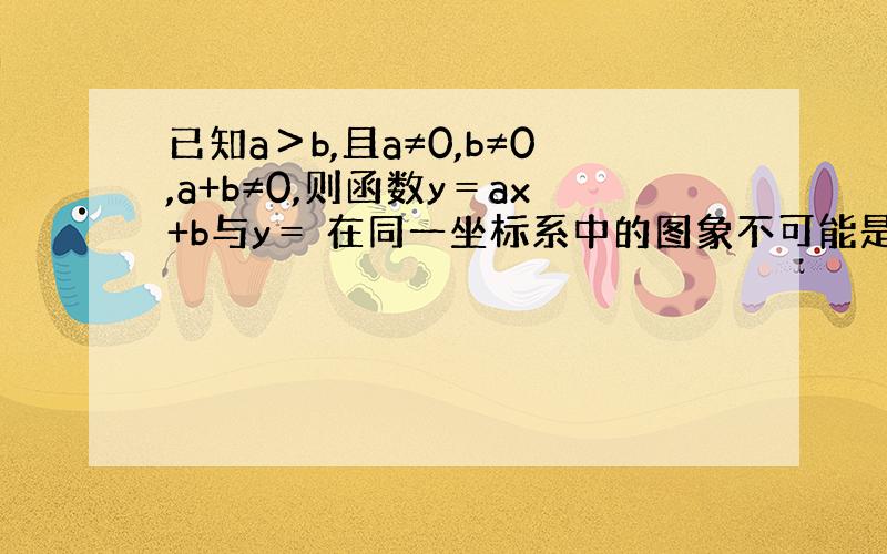 已知a＞b,且a≠0,b≠0,a+b≠0,则函数y＝ax+b与y＝ 在同一坐标系中的图象不可能是