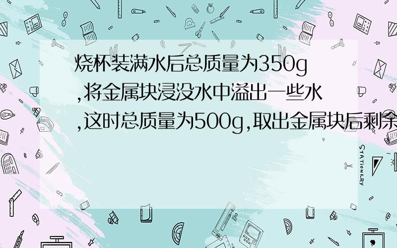 烧杯装满水后总质量为350g,将金属块浸没水中溢出一些水,这时总质量为500g,取出金属块后剩余水和烧杯总质