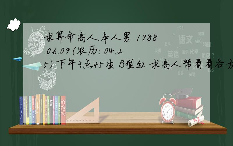 求算命高人.本人男 1988.06.09（农历：04.25） 下午3点45生 B型血 求高人帮看看各方面的情况.