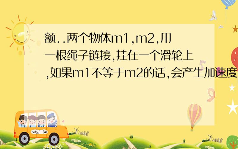 额..两个物体m1,m2,用一根绳子链接,挂在一个滑轮上,如果m1不等于m2的话,会产生加速度,我知道绳子的张紧程度是一