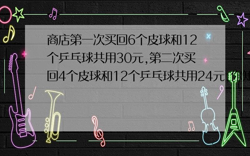 商店第一次买回6个皮球和12个乒乓球共用30元,第二次买回4个皮球和12个乒乓球共用24元,你知道一个皮球和一个乒乓球各