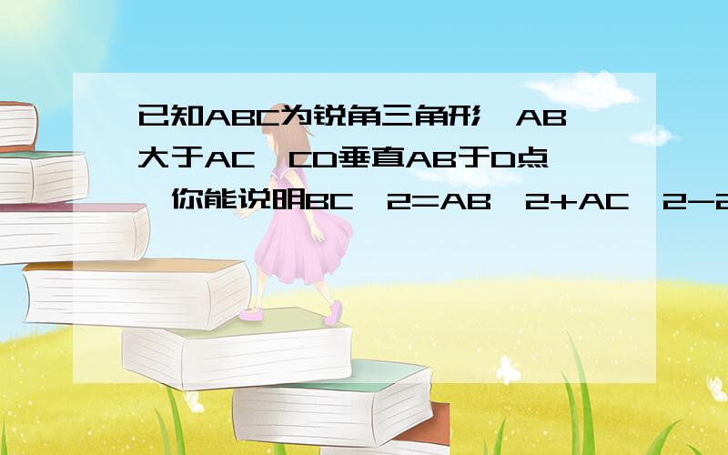 已知ABC为锐角三角形,AB大于AC,CD垂直AB于D点,你能说明BC^2=AB^2+AC^2-2AB*AD成立吗