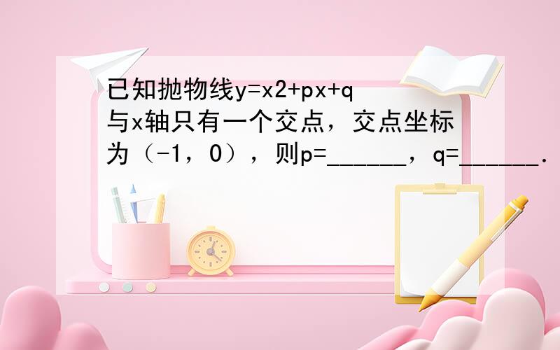 已知抛物线y=x2+px+q与x轴只有一个交点，交点坐标为（-1，0），则p=______，q=______．