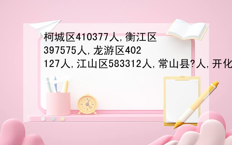 柯城区410377人,衡江区397575人,龙游区402127人,江山区583312人,常山县?人,开化县346242人