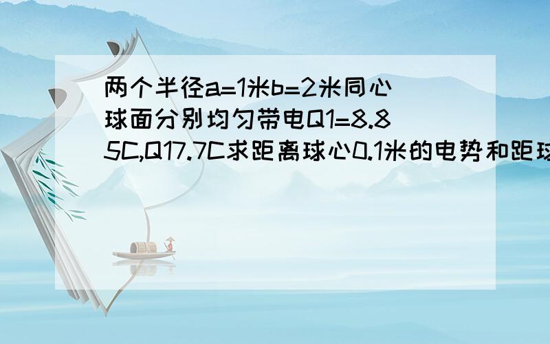 两个半径a=1米b=2米同心球面分别均匀带电Q1=8.85C,Q17.7C求距离球心0.1米的电势和距球心r=4米时电场