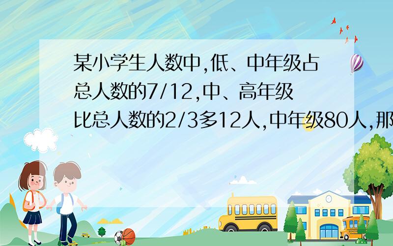 某小学生人数中,低、中年级占总人数的7/12,中、高年级比总人数的2/3多12人,中年级80人,那么全校有几人