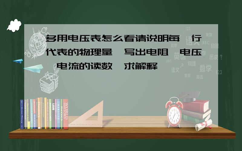 多用电压表怎么看请说明每一行代表的物理量,写出电阻,电压,电流的读数,求解释