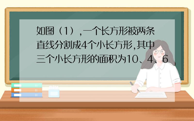 如图（1）,一个长方形被两条直线分割成4个小长方形,其中三个小长方形的面积为10、4、6