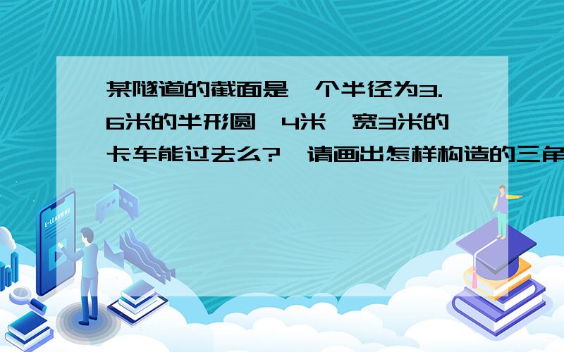 某隧道的截面是一个半径为3.6米的半形圆,4米,宽3米的卡车能过去么?【请画出怎样构造的三角型,