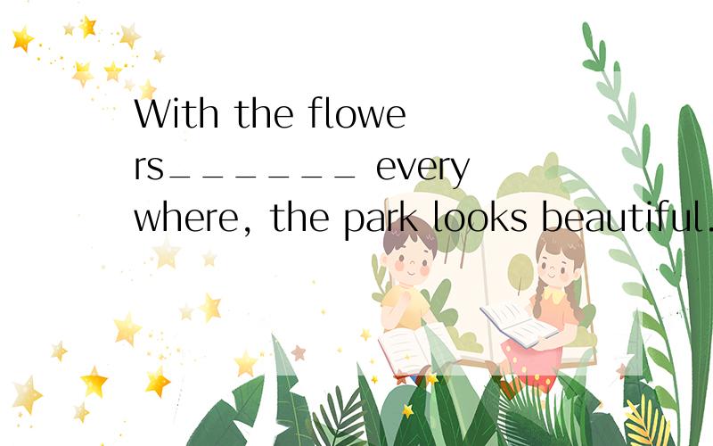 With the flowers______ everywhere, the park looks beautiful.