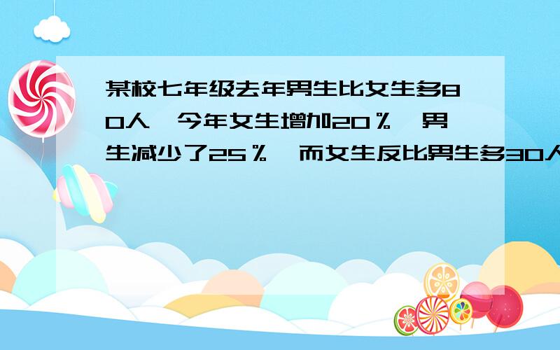 某校七年级去年男生比女生多80人,今年女生增加20％,男生减少了25％,而女生反比男生多30人,则去年男生和女生分别是