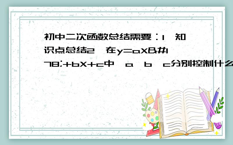 初中二次函数总结需要：1、知识点总结2、在y=aX²+bX+c中,a、b、c分别控制什么因素?3、在y=a(X