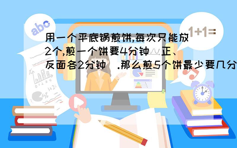 用一个平底锅煎饼,每次只能放2个,煎一个饼要4分钟（正、反面各2分钟）.那么煎5个饼最少要几分钟?