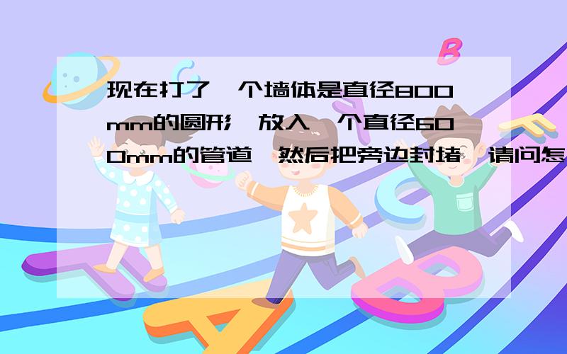 现在打了一个墙体是直径800mm的圆形,放入一个直径600mm的管道,然后把旁边封堵,请问怎么计算面积,