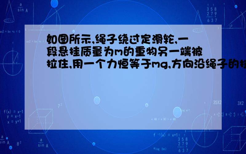 如图所示,绳子绕过定滑轮,一段悬挂质量为m的重物另一端被拉住,用一个力恒等于mg,方向沿绳子的拉力