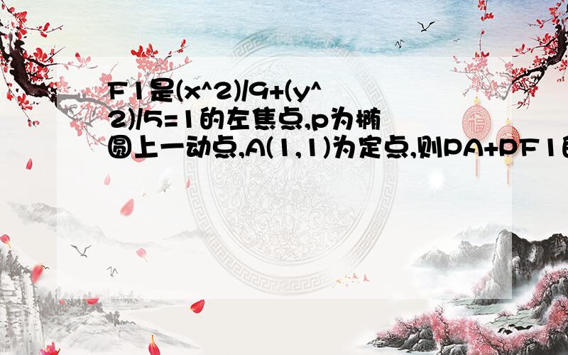 F1是(x^2)/9+(y^2)/5=1的左焦点,p为椭圆上一动点,A(1,1)为定点,则PA+PF1的最小值为?