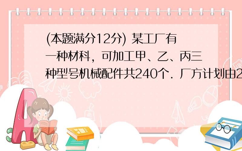 (本题满分12分) 某工厂有一种材科，可加工甲、乙、丙三种型号机械配件共240个．厂方计划由20个工人一天内加工完成．并