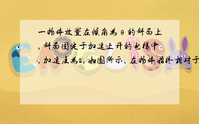 一物体放置在倾角为θ的斜面上，斜面固定于加速上升的电梯中，加速度为a，如图所示，在物体始终相对于斜面静止的条件下，求：