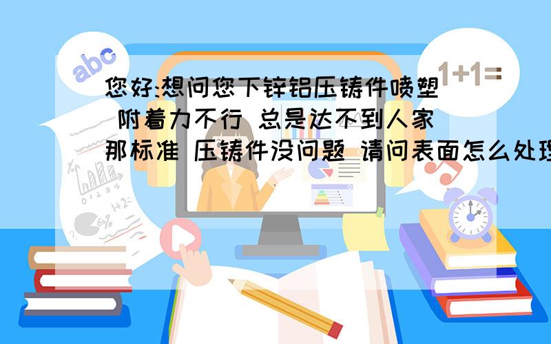 您好:想问您下锌铝压铸件喷塑 附着力不行 总是达不到人家那标准 压铸件没问题 请问表面怎么处理 附着力要