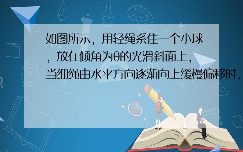 如图所示，用轻绳系住一个小球，放在倾角为θ的光滑斜面上，当细绳由水平方向逐渐向上缓慢偏移时，小球仍保持静止状态，则轻绳上