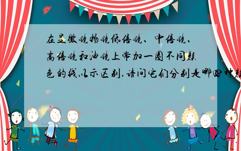 在显微镜物镜低倍镜、中倍镜、高倍镜和油镜上常加一圈不同颜色的线以示区别,请问它们分别是哪四种颜色?