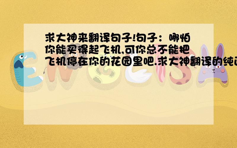 求大神来翻译句子!句子：哪怕你能买得起飞机,可你总不能把飞机停在你的花园里吧.求大神翻译的纯正一点,不要直接有道翻译哈!