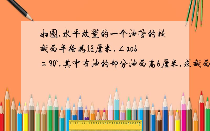 如图,水平放置的一个油管的横截面半径为12厘米,∠aob=90°,其中有油的部分油面高6厘米,求截面上有油部分的面积结果