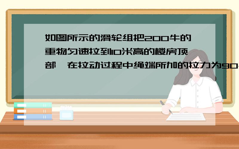 如图所示的滑轮组把200牛的重物匀速拉到10米高的楼房顶部,在拉动过程中绳端所加的拉力为90牛,已知