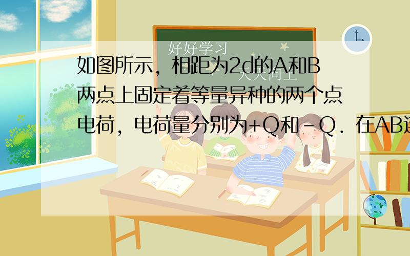 如图所示，相距为2d的A和B两点上固定着等量异种的两个点电荷，电荷量分别为+Q和-Q．在AB连线的中垂线上取一点P，垂足