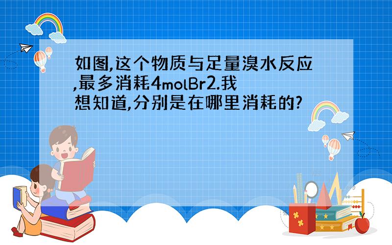 如图,这个物质与足量溴水反应,最多消耗4molBr2.我想知道,分别是在哪里消耗的?