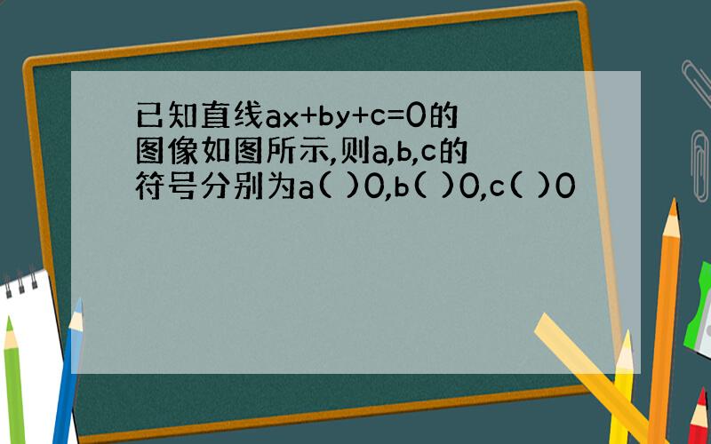 已知直线ax+by+c=0的图像如图所示,则a,b,c的符号分别为a( )0,b( )0,c( )0