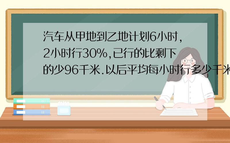 汽车从甲地到乙地计划6小时,2小时行30%,已行的比剩下的少96千米.以后平均每小时行多少千米才能到达