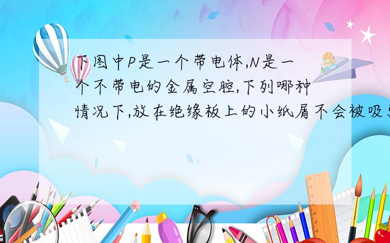 下图中P是一个带电体,N是一个不带电的金属空腔,下列哪种情况下,放在绝缘板上的小纸屑不会被吸引