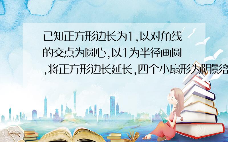 已知正方形边长为1,以对角线的交点为圆心,以1为半径画圆,将正方形边长延长,四个小扇形为阴影部分,求面积