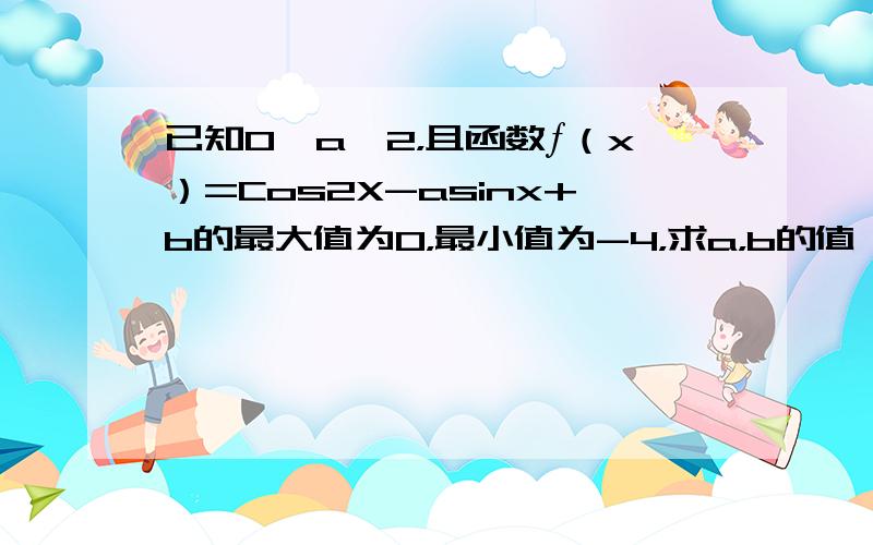 已知0＜a≤2，且函数ƒ（x）=Cos2X-asinx+b的最大值为0，最小值为-4，求a，b的值