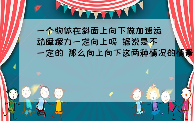 一个物体在斜面上向下做加速运动摩擦力一定向上吗 据说是不一定的 那么向上向下这两种情况的情景分别是怎样呢?