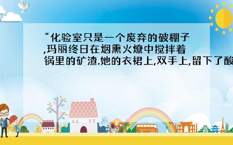 “化验室只是一个废弃的破棚子,玛丽终日在烟熏火燎中搅拌着锅里的矿渣.她的衣裙上,双手上,留下了酸碱